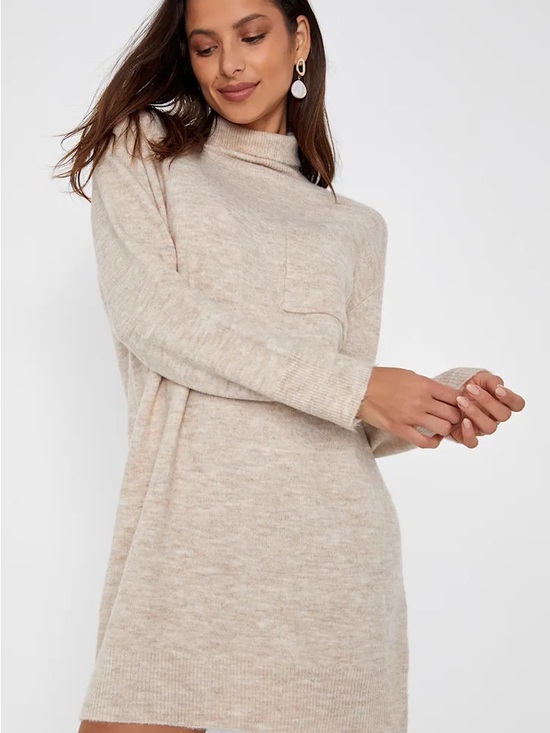 Lulus Sweaters - Lulu's Cream Funnel Neck Sweater Dress
